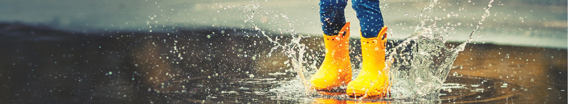 Feet of child in yellow rubber boots jumping in puddle in rain picture.